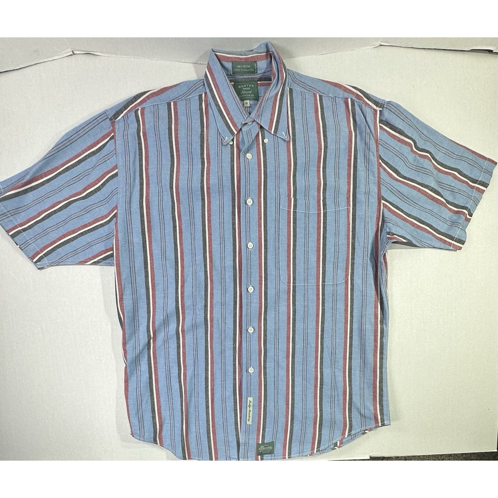Baxter Brand M Indigo Chambray Striped Shirt Blue Red Cotton Short Sleeve VTG
